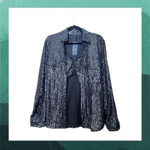 Privy sequin black blazer with bralette festival, night out outfit